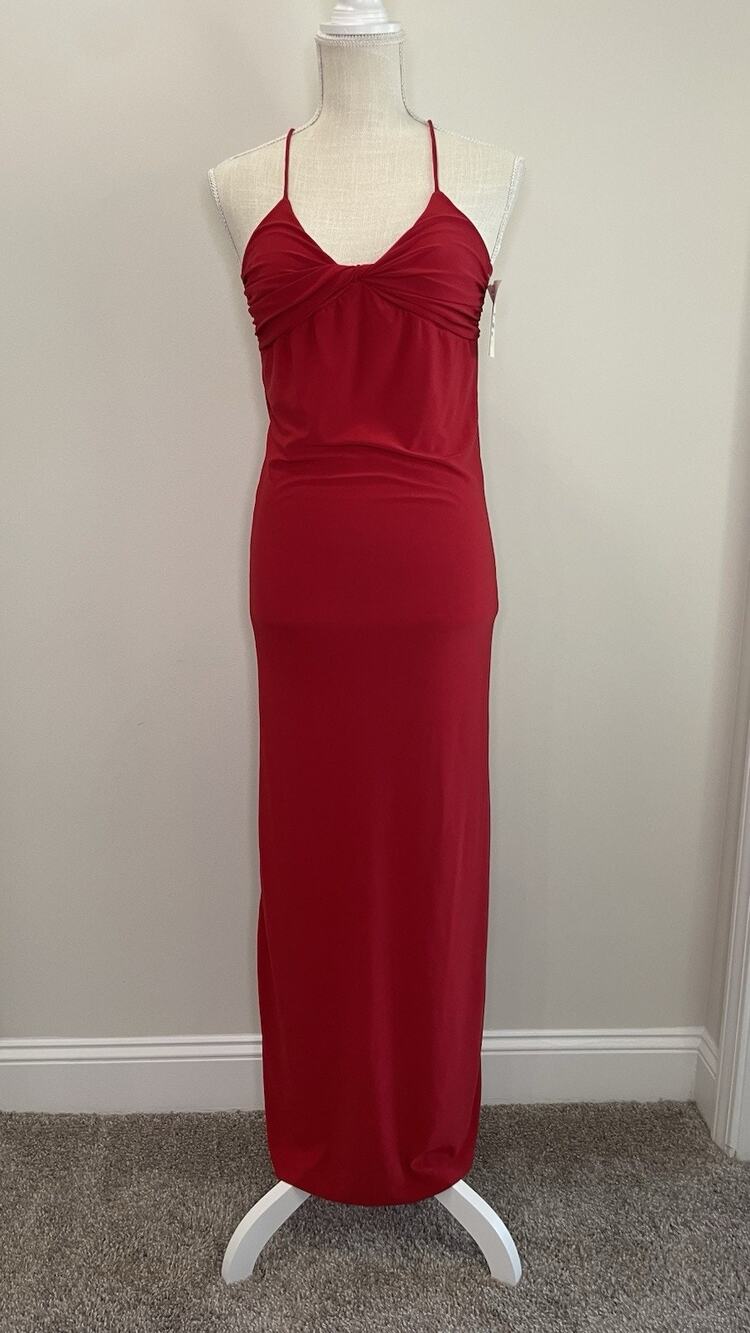 NWT Vintage Ibisco Y2K Prom Dress Maxi Gown 90s Glam Wedding V Neck Strap Red XS - Picture 1 of 8